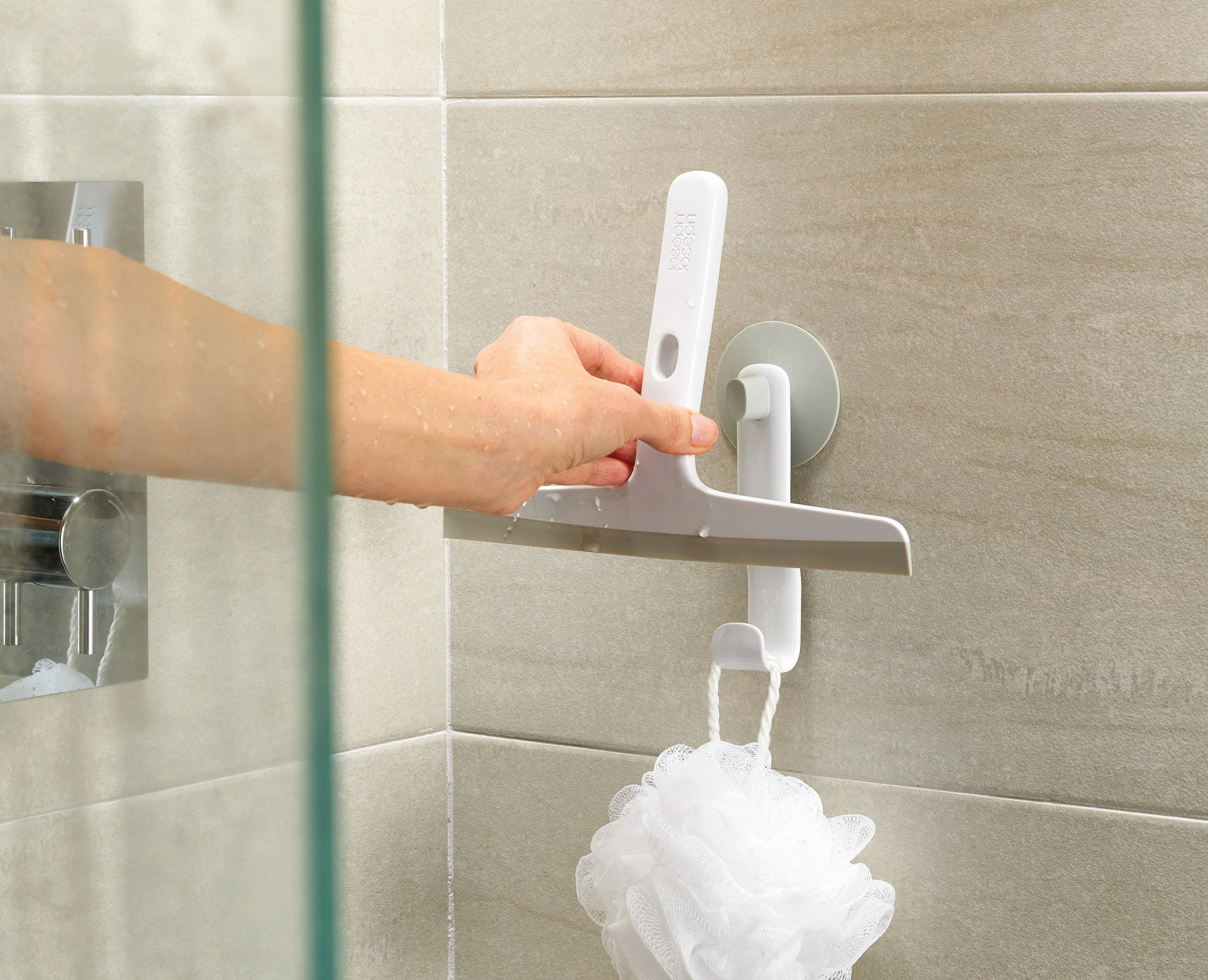 EasyStore™ Pack of 2 Light Grey Shower Squeegees with Storage Hook - Image 4