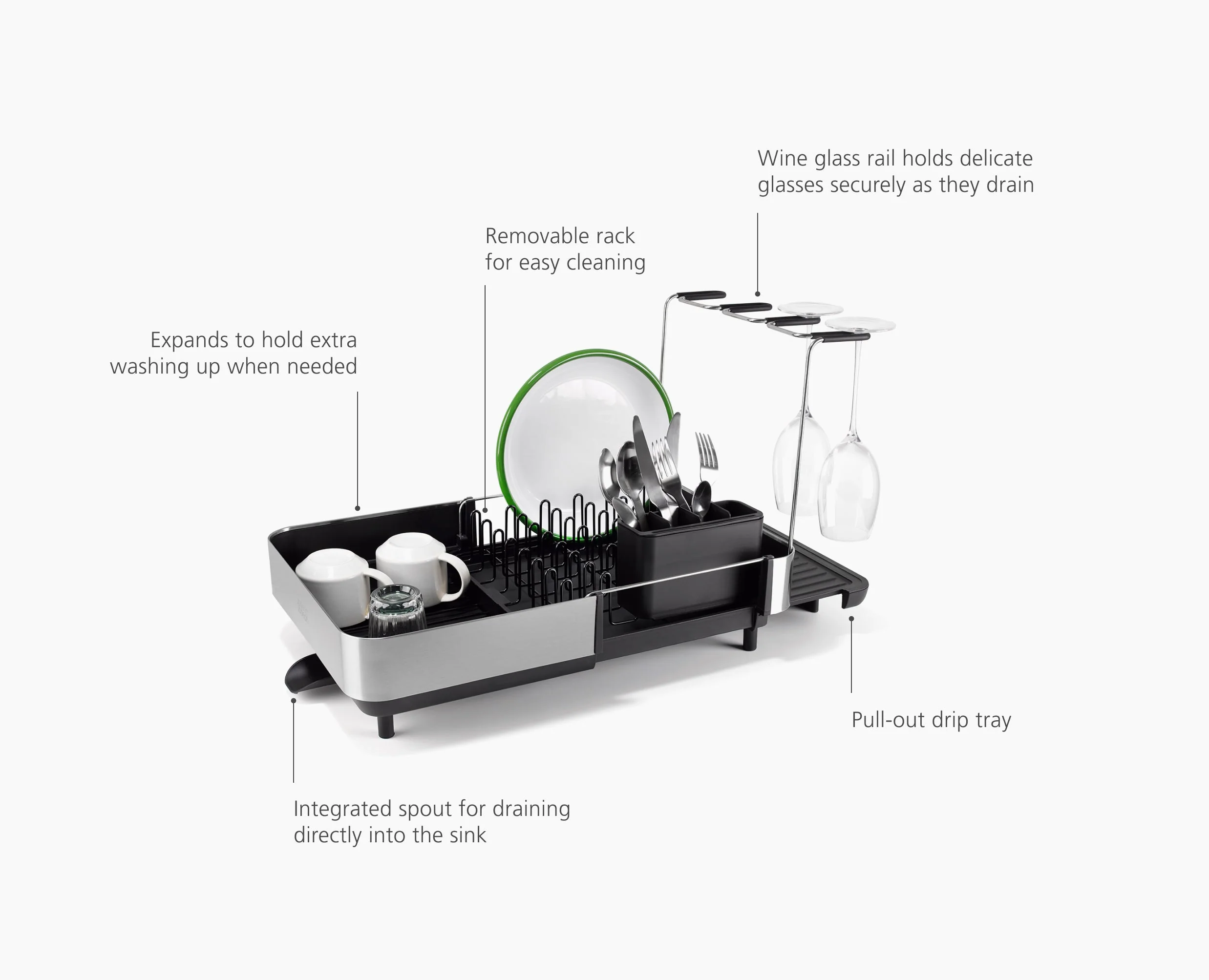 Extend™ Steel Plus Expandable Black Dish Drainer with Wine Glass Rack - Image 6